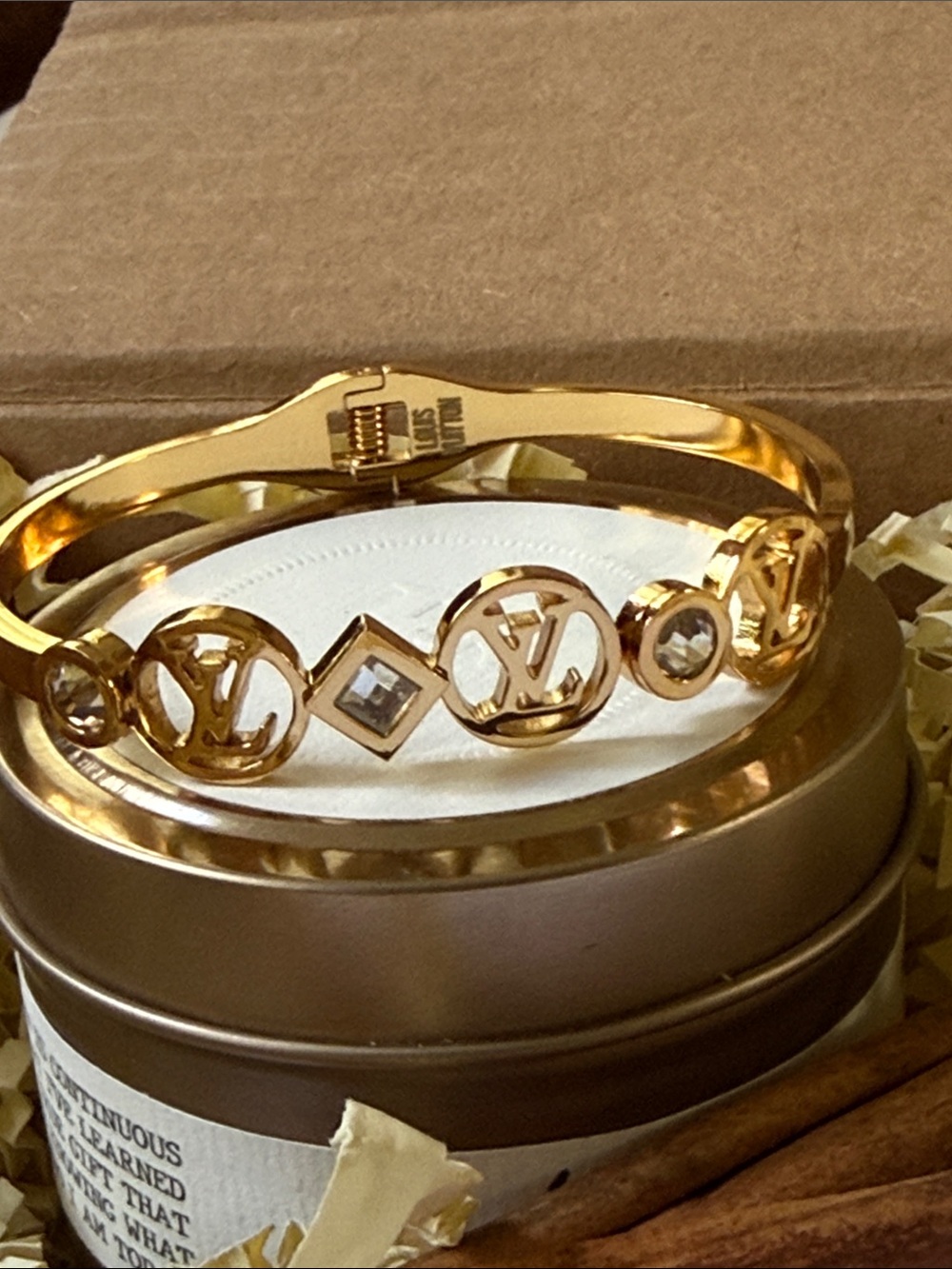 Fashion designer Gold-Tone Logo Crystal Bangle Bracelet - Picture 3 of 10